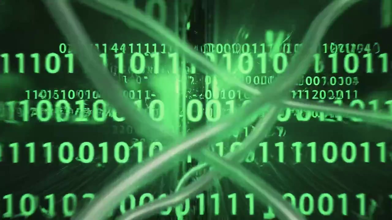 Green Binary Code Data Flow with Connecting Cables in Digital Space
