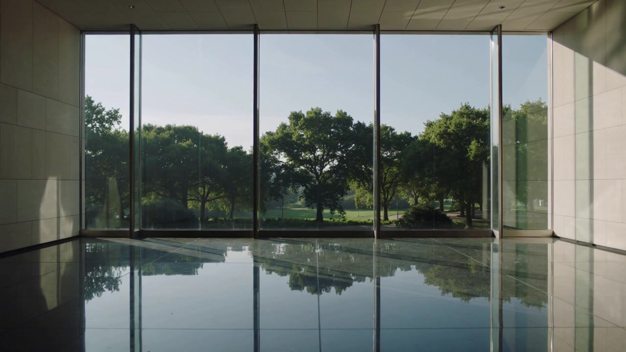 Luz solar cambiante alterando el reflejo en una alta pared de cristal y en el suelo pulido de un vestíbulo con árboles.