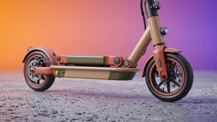 Elegante monopattino elettrico su una superficie texturizzata con uno sfondo a gradiente colorato che mette in mostra un design moderno e caratteristiche innovative.