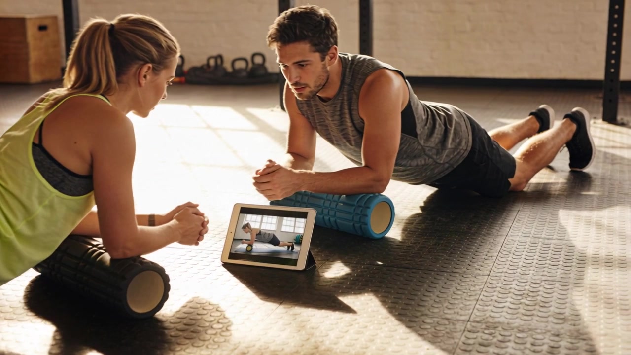Pareja haciendo plancha sobre rodillos en el gimnasio, siguiendo una demostración en tablet, con camiseta de tirantes neón y top gris, revisando la postura