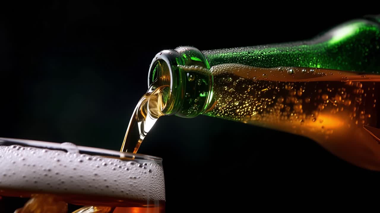 Primo piano di birra che si versa da una bottiglia verde in un bicchiere con schiuma.