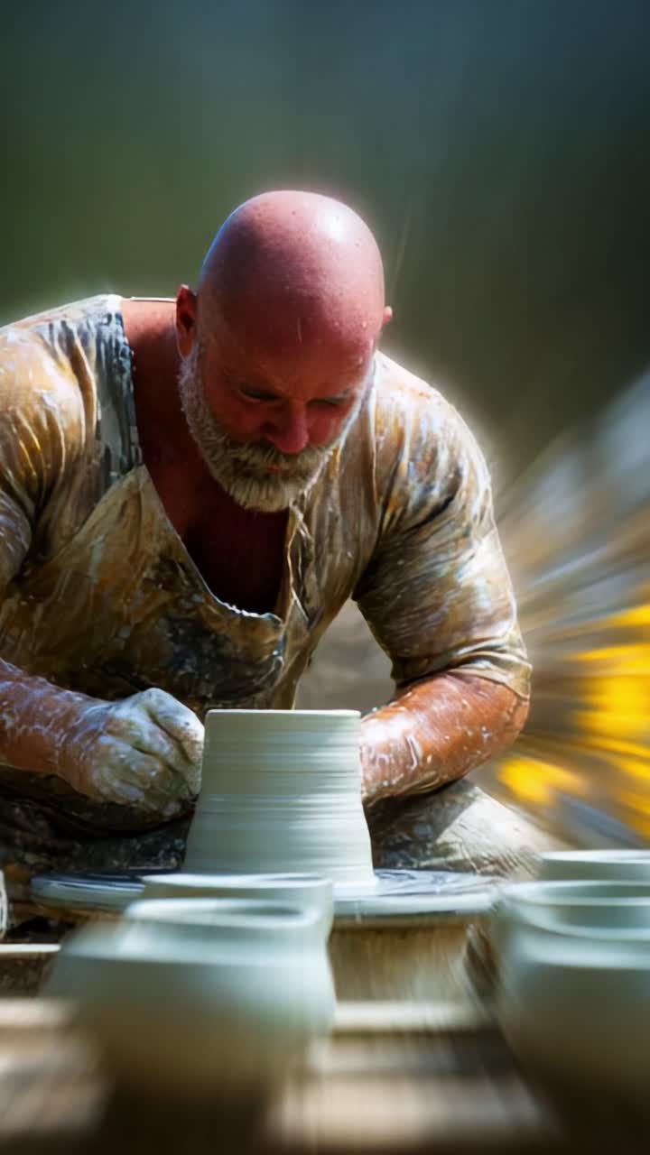 Un mastro vasaio concentrato nel plasmare l'argilla in opere d'arte uniche, catturando l'essenza dell'artigianato e della dedizione nel processo di trasformazione della lavorazione della ceramica con intensa concentrazione