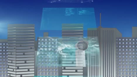animation of screens with data processing over cityscape