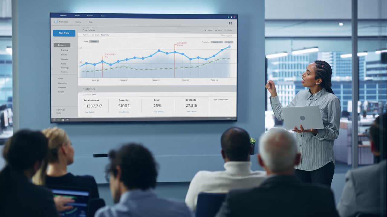 Presentation Event: Black Businesswoman Talks about e-Commerce Product Showing TV with Big Data Statistics, Charts, Revenue Growth Infographics. Press Conference for Digital Entrepreneurs. Static Shot
