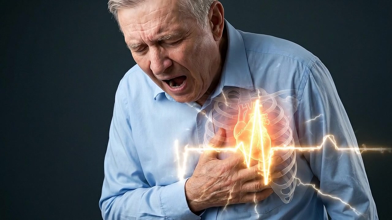 Older man clutching glowing chest with visible cardiac discomfort in medical view