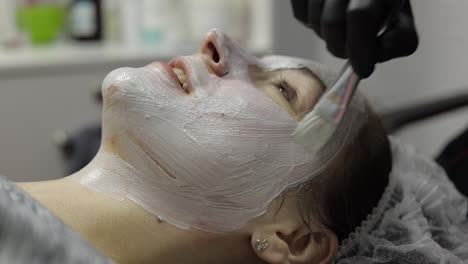 cosmetologist applying moisturizing cream mask using brush on woman client face