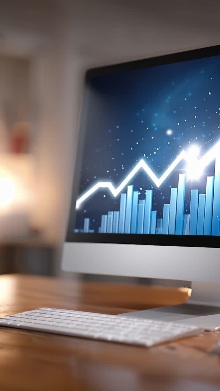 Un moderno monitor di computer che mostra una vivace visualizzazione di dati con grafici in crescita e statistiche su una scrivania di legno, a significare crescita e avanzamento tecnologico.