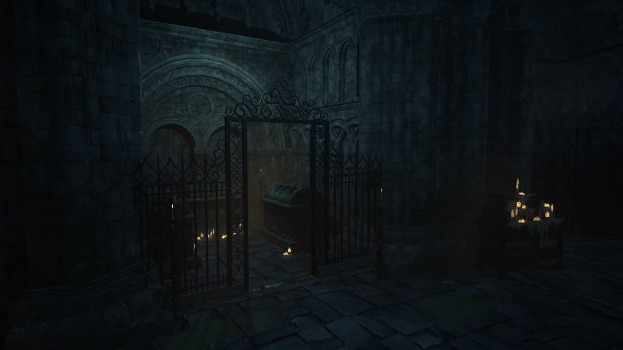 Dark ancient crypt with ornate gate and lit candles in a mysterious setting