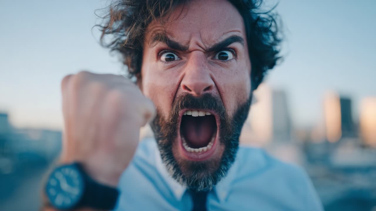 Intense Emotional Outburst: A Man Expresses Anger and Frustration with a Fierce Shout and a Clenched Fist Against a Backdrop of Urban Life
