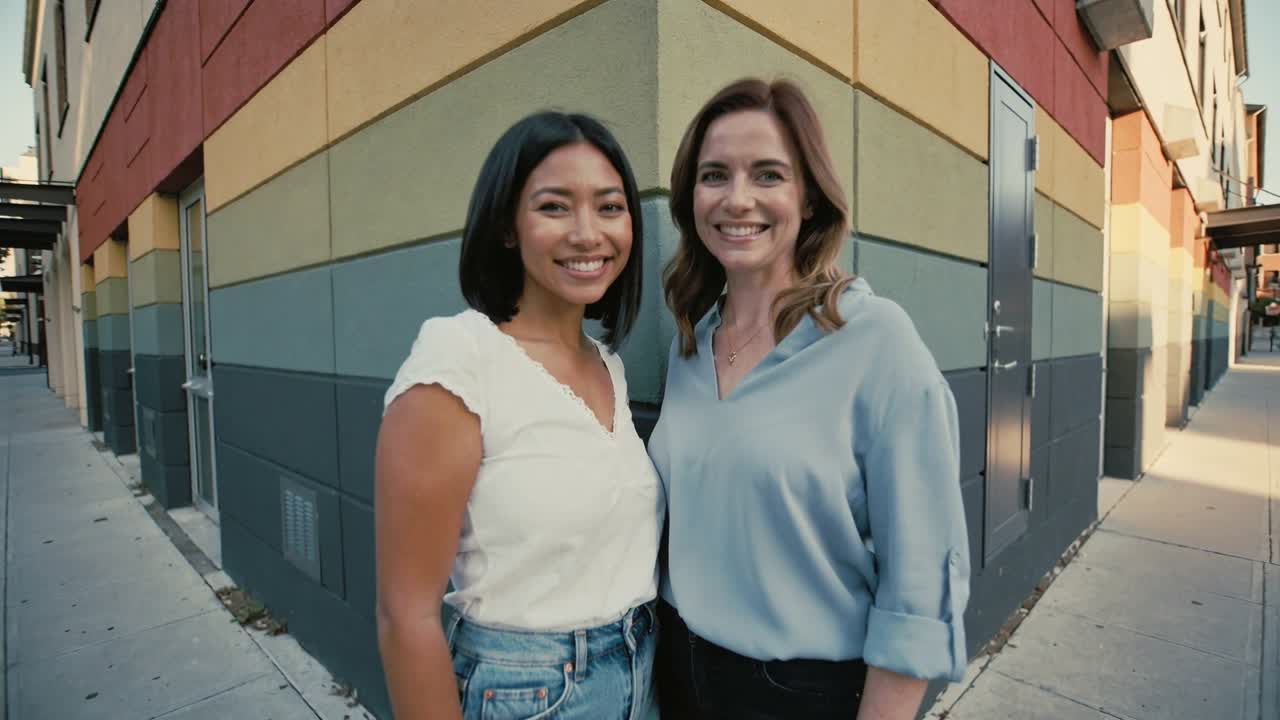 Cámara alejándose, dos mujeres inclinándose más cerca y sonriendo, posando para un retrato para mostrar amistad