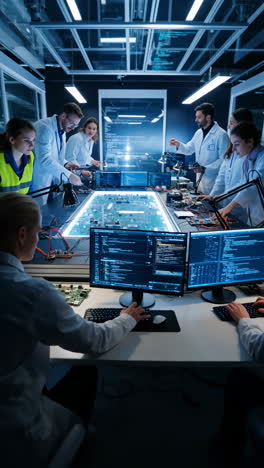 engineers and scientists collaborate on high-tech electronics research