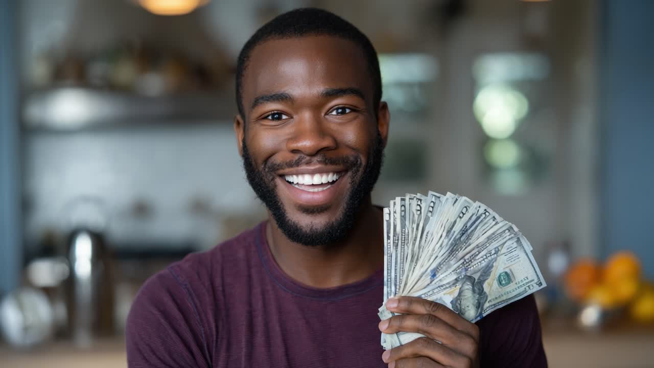 Uomo felice che sorride mentre tiene in mano un ventaglio di contanti, celebrando un momento di successo finanziario e felicità in una cucina luminosa e accogliente