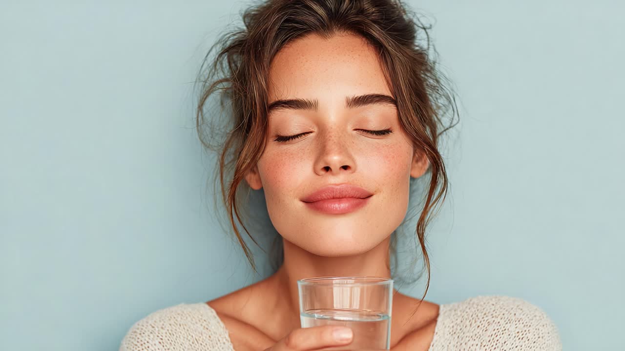 A Serene Moment: Capturing the Essence of Hydration and Refreshment Through a Young Woman's Expression While Holding a Glass of Water Against a Soft Blue Background