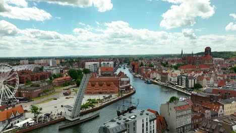 Gdańsk-cityscape-with-the-Motława-River,-drawbridge,-and-historical-architecture-under-a-sunny-sky