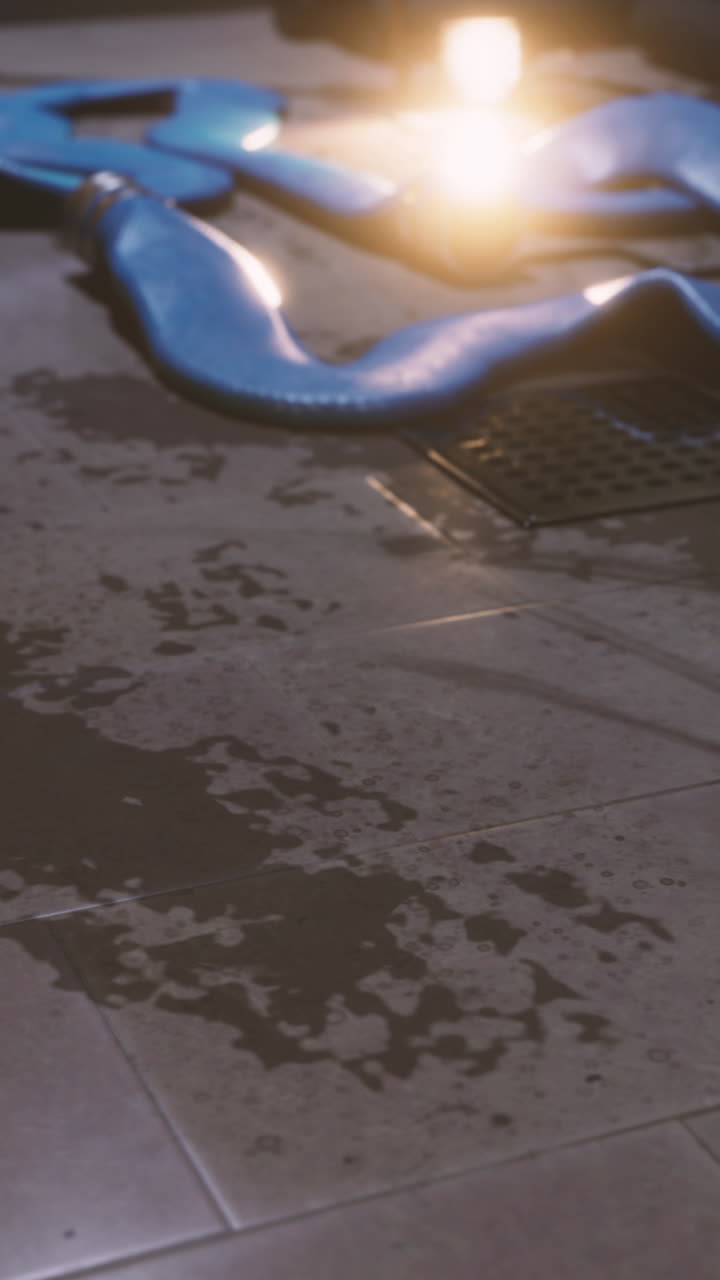 вода пролилась на плиточный пол с синим шлангом