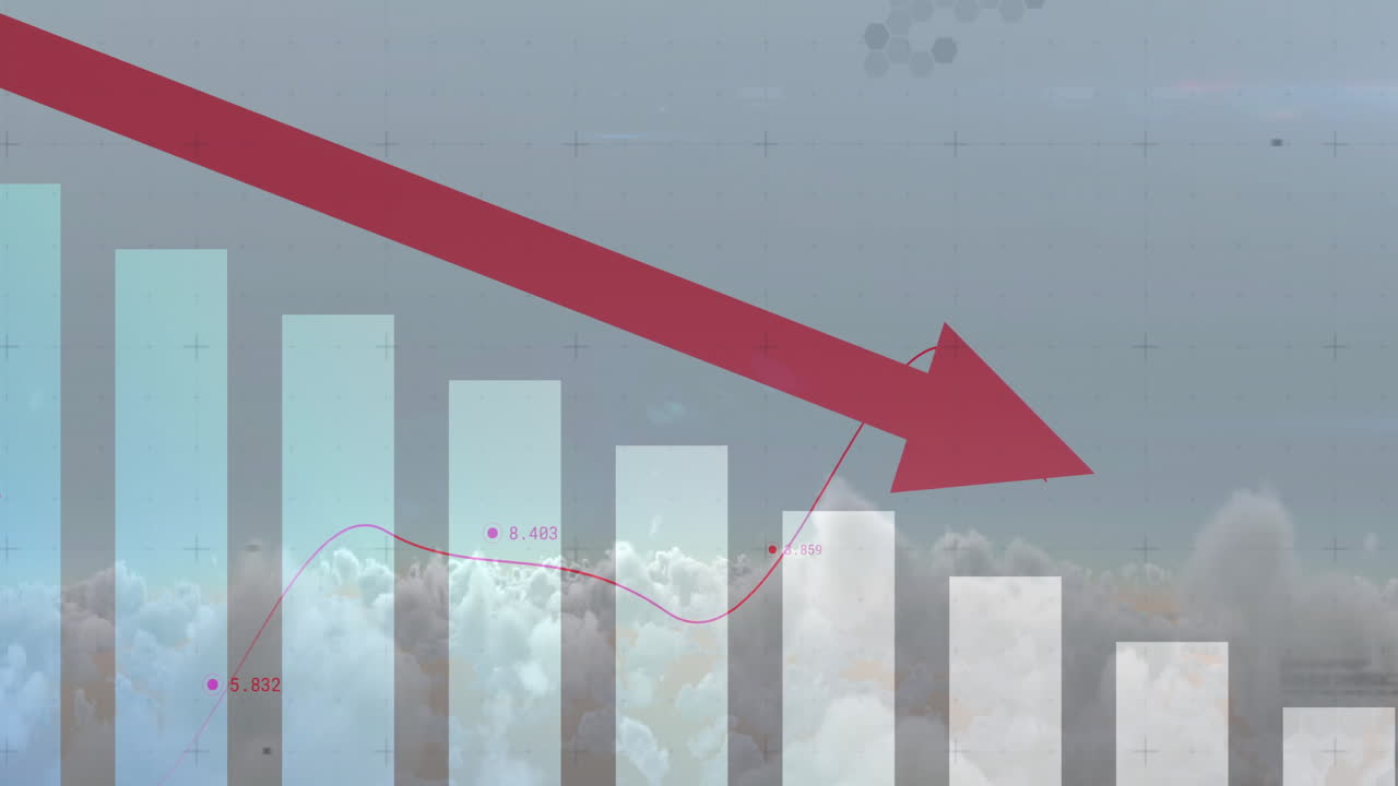Red downward arrow and bar chart animation over cloudy sky background
