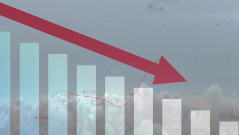 red downward arrow and bar chart animation over cloudy sky background