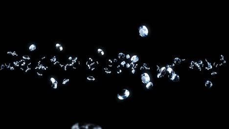 flying many jewelry diamonds on black background. shine transparent, precious gem. 3d animation of brilliant diamonds rotating. loop animation.