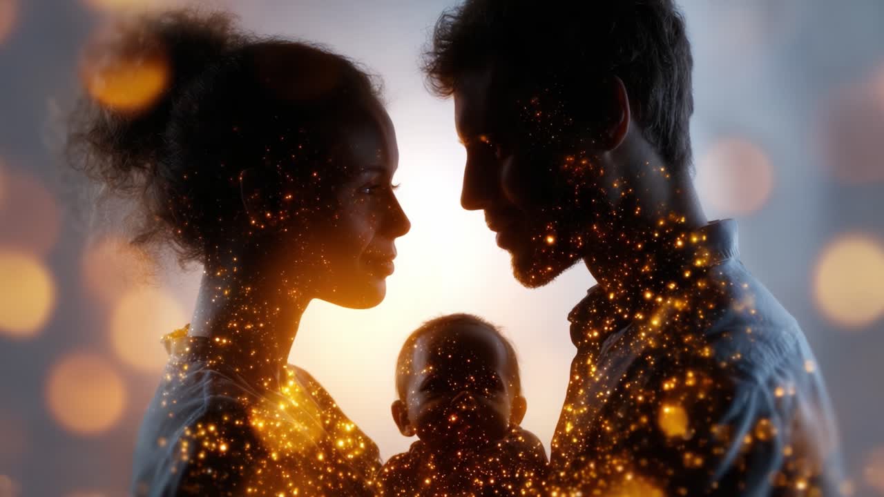 An Enchanting Silhouette of Love: A Tender Moment Captured Between Parents and Their Baby, Surrounded by a Luminous Aura of Sparkles and Warmth
