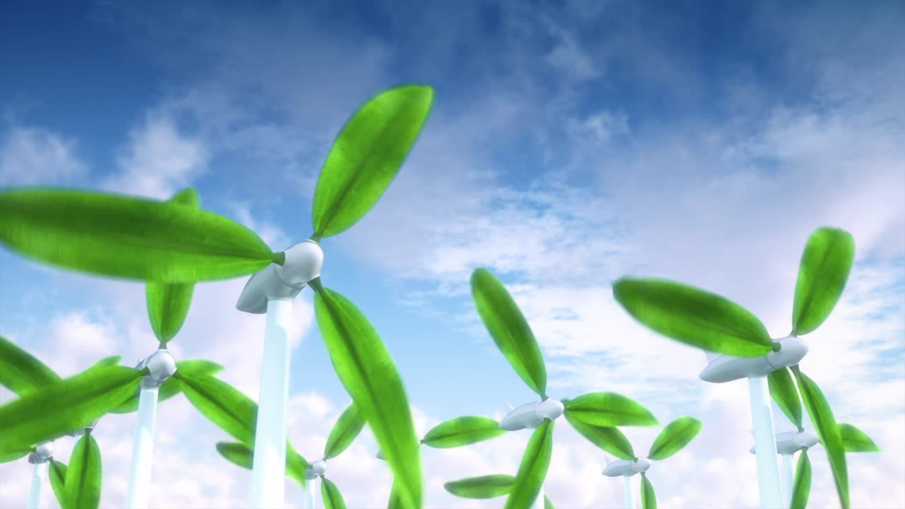 푸른 잎 블레이드와 함께 풍력 터빈 그룹