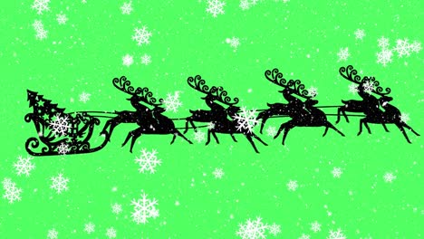 Animation-of-silhouette-of-christmas-tree-in-sleigh-being-pulled-by-reindeer-with-snow-falling-on-gr