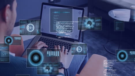 animación del procesamiento de datos sobre un hombre de negocios biracial usando una computadora portátil