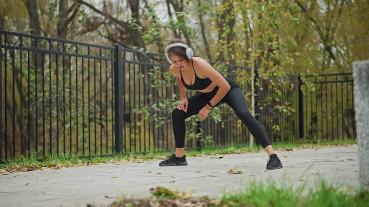 Young girl in black activewear stretching her legs outdoors, tapping her toe with hand while listening to music, blurred background showing iron fence and trees, enjoying fitness routine