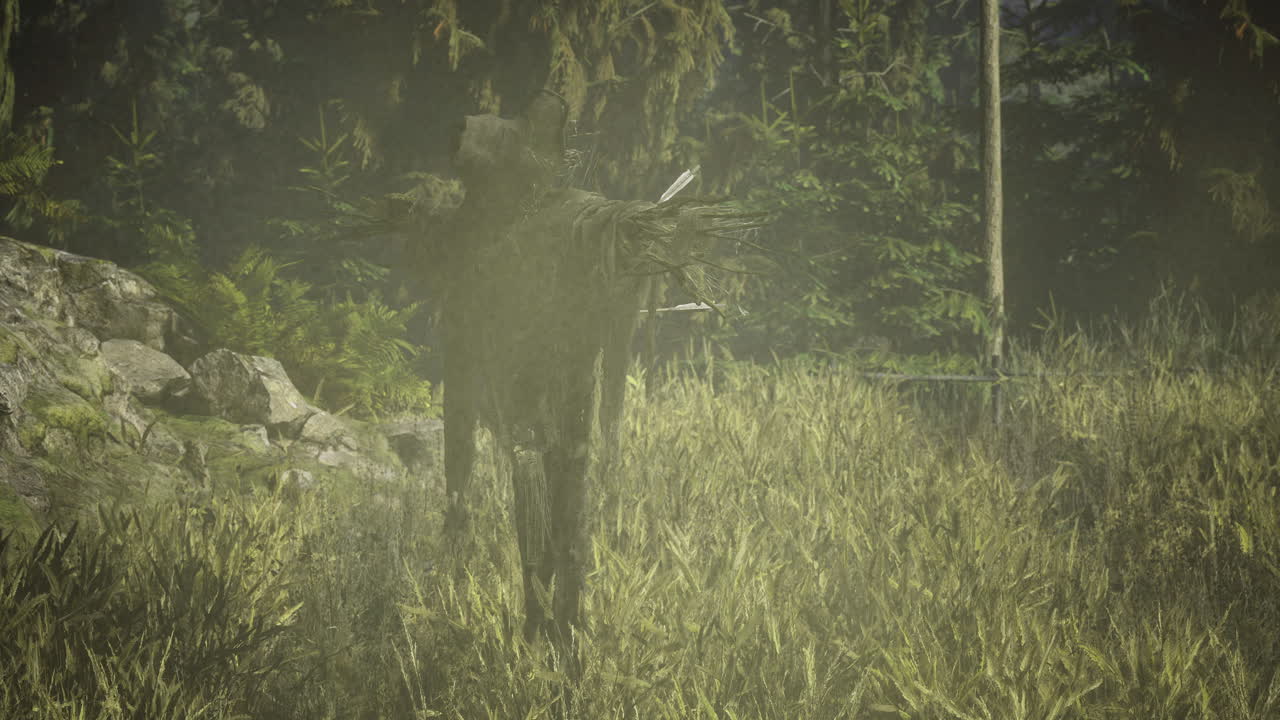 Mysterious figure made of sticks stands in a foggy field at dawn