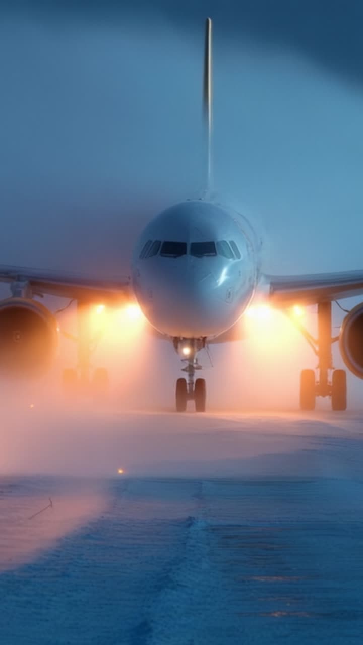 Un Maestoso Aeroplano Emerge dalla Nebbia Fitta, Illuminato dalle Sue Luci Brillanti su una Pista Innevata, in Preparazione al Decollo in una Drammatica Scena Invernale