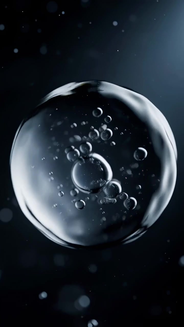 La superficie liquida trasparente mostra un leggero movimento ondoso e anelli che si espandono sotto una luce fredda, con riflessi luminosi e goccioline fluttuanti che creano una visione ravvicinata dettagliata della texture del fluido.