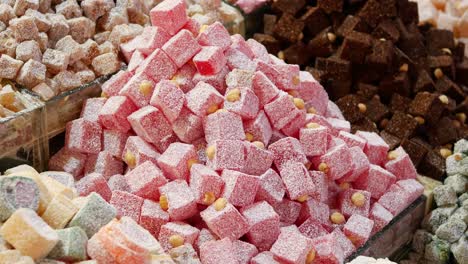 close-up of colorful turkish delight in a store