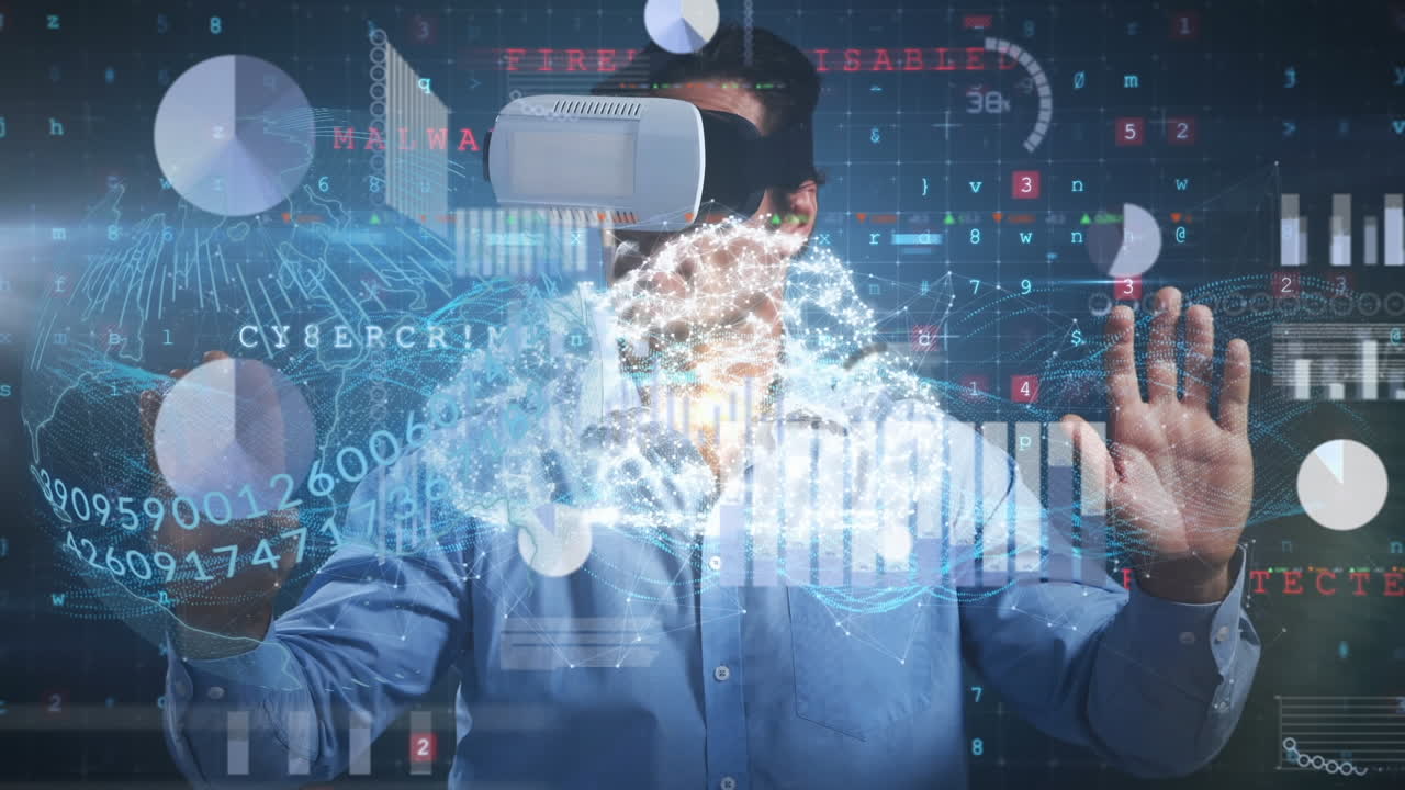 Animation of network of connections and icons over man wearing vr headset