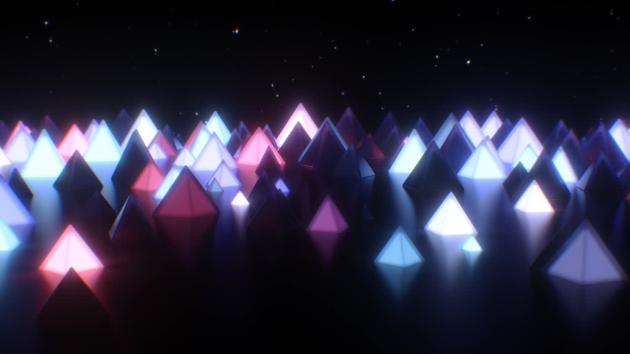 네온 유리 피라미드 반이는 레트로 미래주의 추상적인 야간 풍경 - 4k 원활한 루프 모션 배경 애니메이션