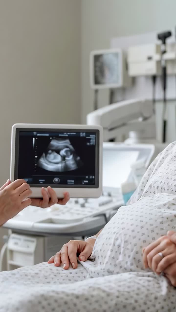 Video verticale: un tecnico mostra la scansione fetale a una paziente incinta in camice in una clinica