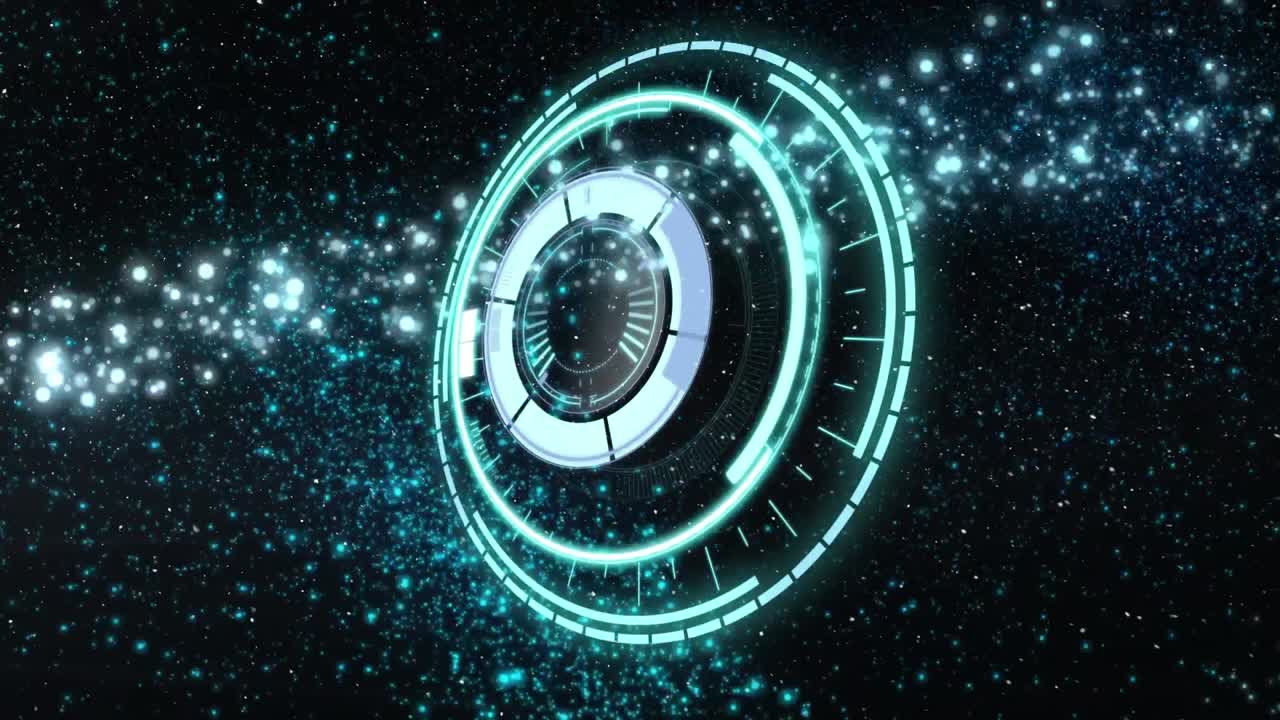 네온 파란색에 눈이 떨어지는 둥근 스캐너가 검은색 바탕에 떨어지는 별을 향해 회전하고 있습니다.