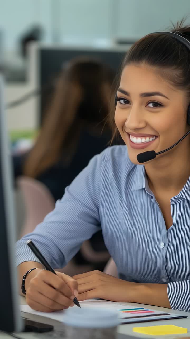 Vertical video: Receiving call agent in blouse donning headset writing notes at desk, copy space