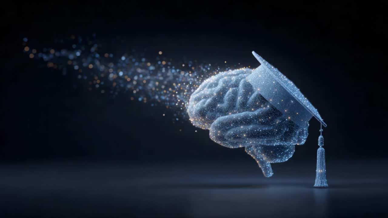 A Glimmering Graduation: An Artistic Representation of a Brain Wielding a Mortarboard Cap, Symbolizing Knowledge, Achievement, and Future Aspirations in a Sparkling Display