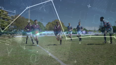 group of rugby players sprinting on grass pitch, showing sports analytics overlay