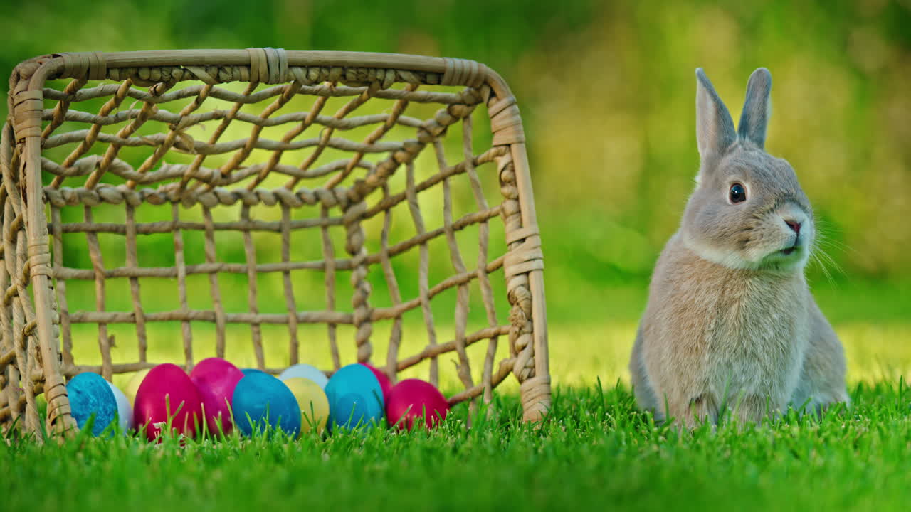 conejo de pascua y huevos en una canasta
