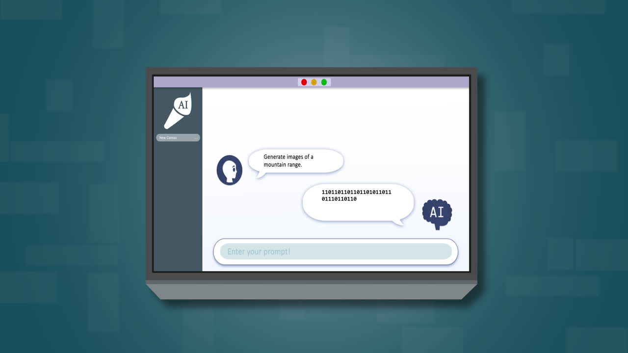 animación del cerebro con texto ai e imágenes de montañas sobre fondo púrpura.
