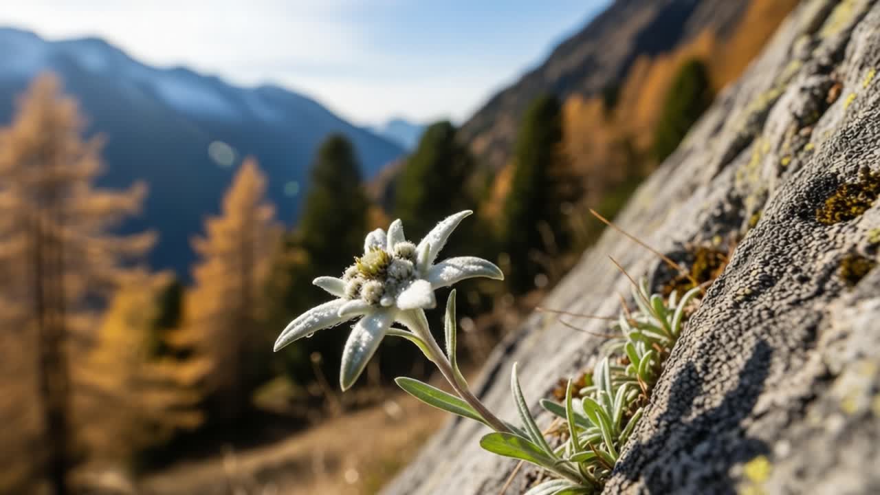 A Resilient Edelweiss Flower Thriving on Rocky Terrain, Captured in a Scenic Mountain Landscape with Autumn Colors and Majestic Peaks in the Background
