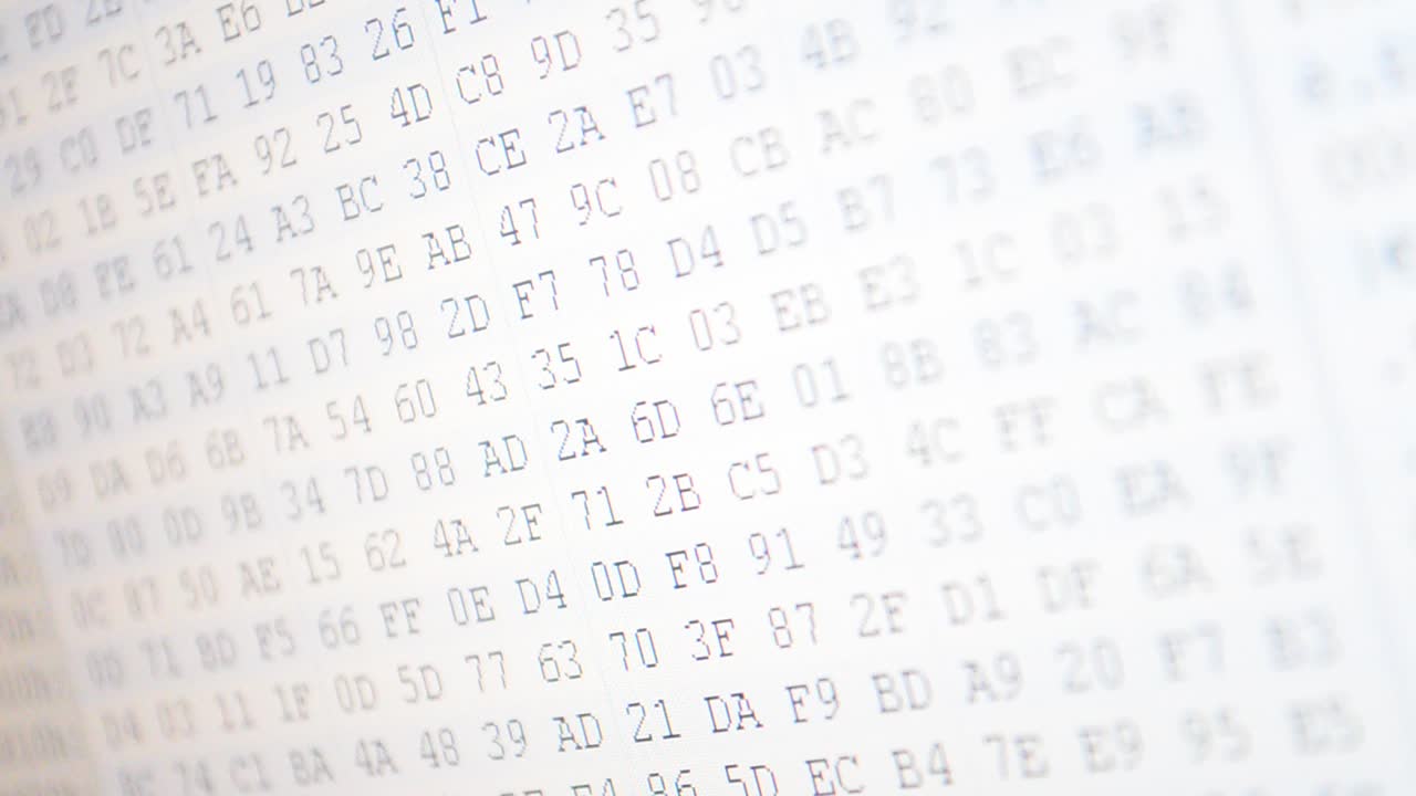 Cifras y letras. Código binario. Código de programa hexadecimal en pantalla. Fondo animado de números de código binario en movimiento