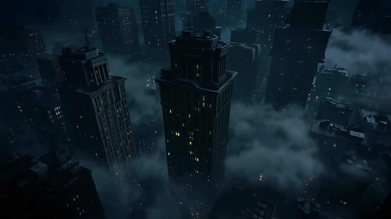 Skyline notturno di città, buio e nebbioso, panoramica aerea con drone sopra grattacieli Art Déco con nuvole basse alla deriva.
