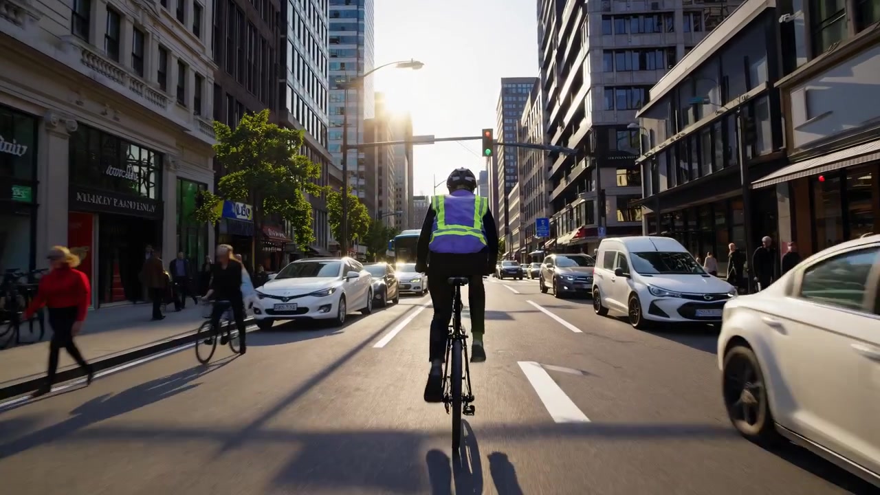 Cyclist Riding Bicycle Through Busy City Street at Sunset