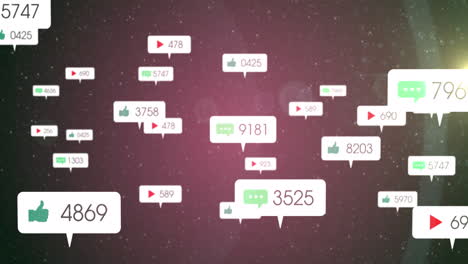 animación de iconos y números de redes sociales en banderas blancas sobre estrellas en un cielo rosado