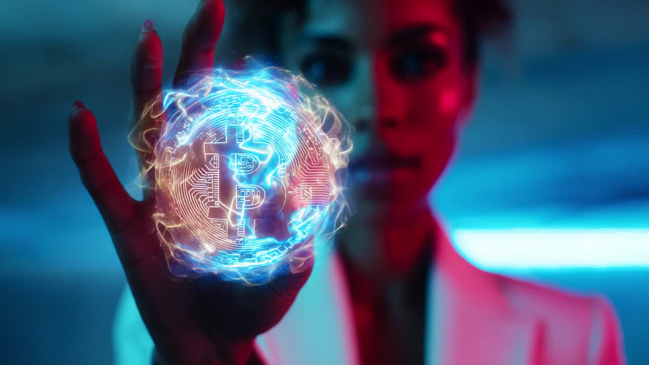 A captivating visual of a woman holding a glowing cryptocurrency symbol, representing the digital future of finance, technology, and innovation in the modern world