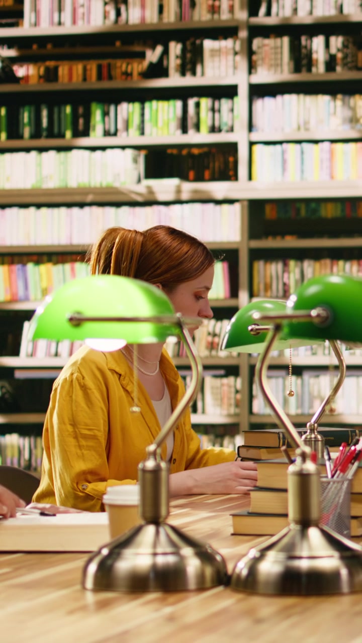 Video verticale: Studenti universitari si concentrano su libri e appunti a un lungo tavolo della biblioteca