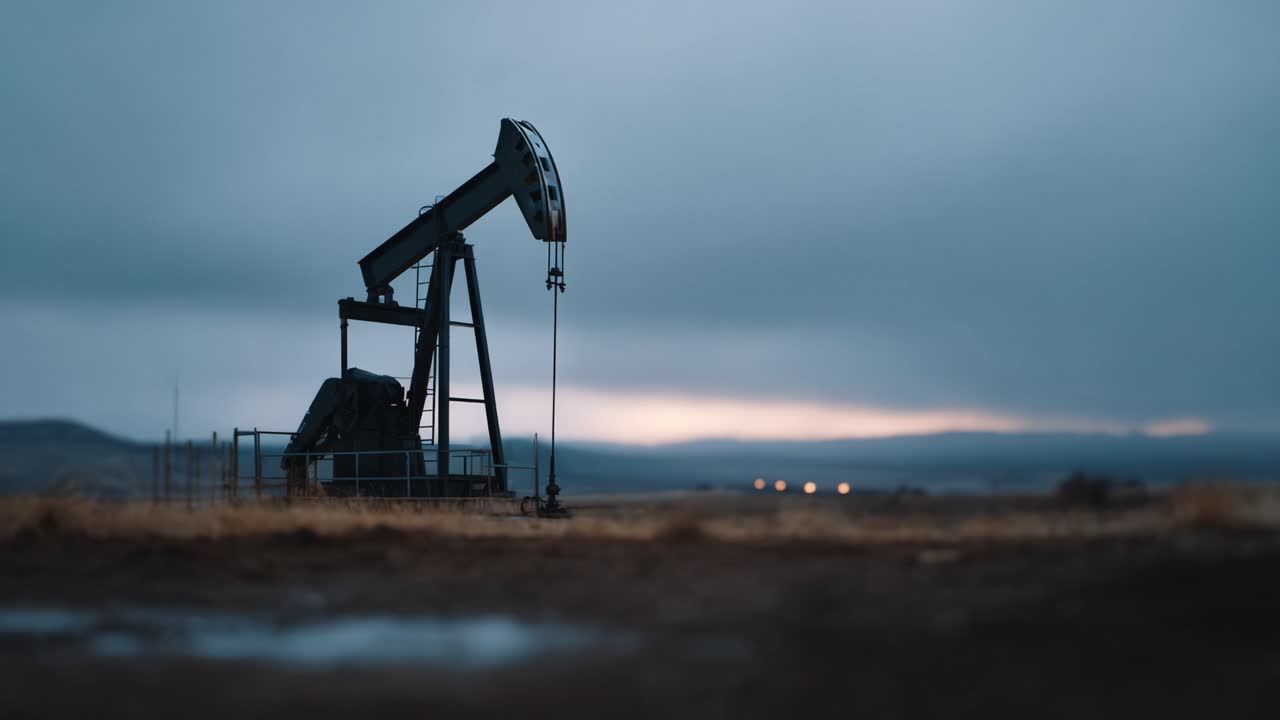 Oil Pump Jack at Dusk: A Majestic View of Industrial Machinery Silhouetted Against an Evening Sky with Subtle Lighting in the Background