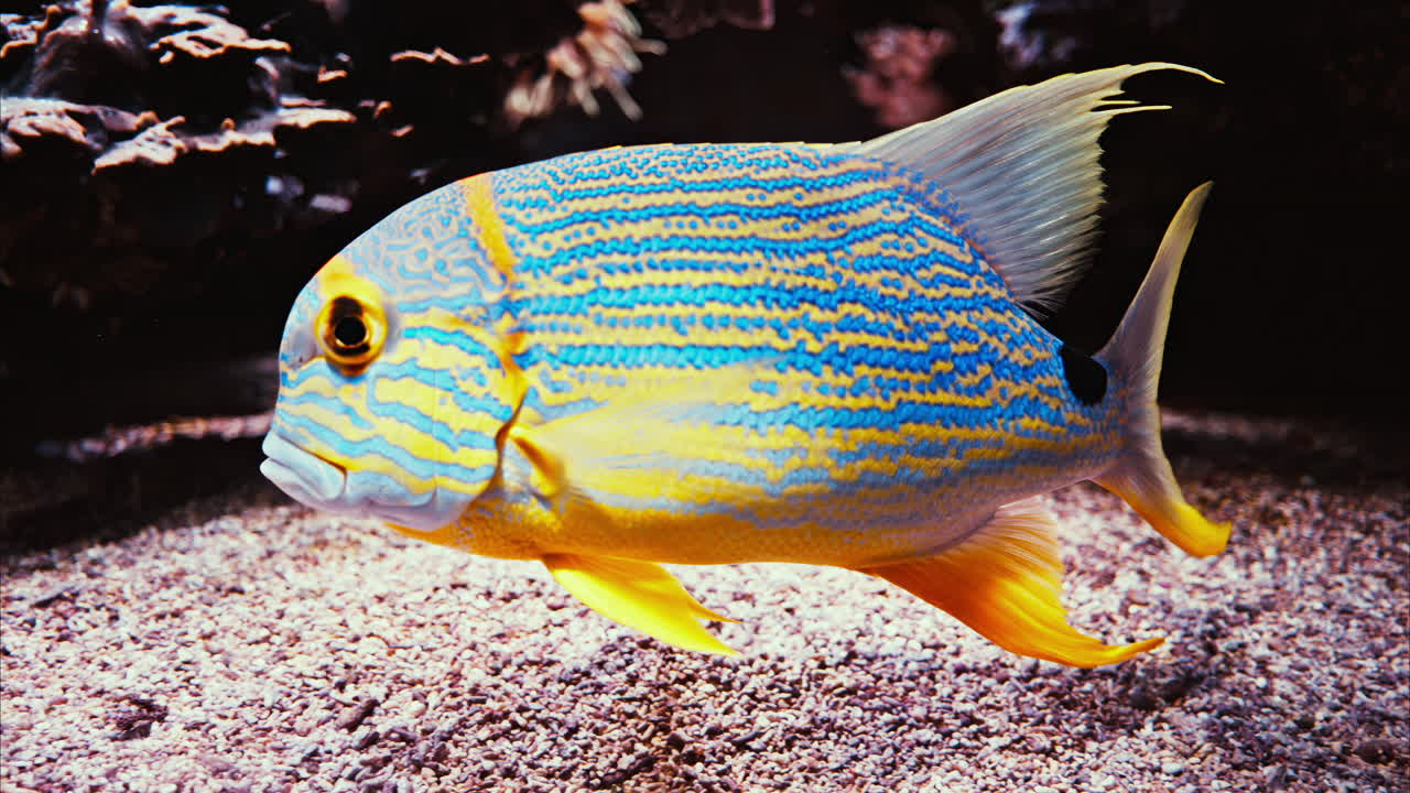 Close up of a sailfin snapper fish swimming near coral reefs