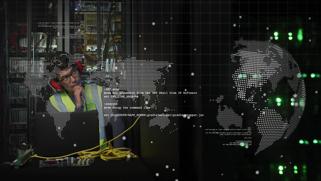 Network technician receiving data alert on laptop and monitoring servers with animated network map